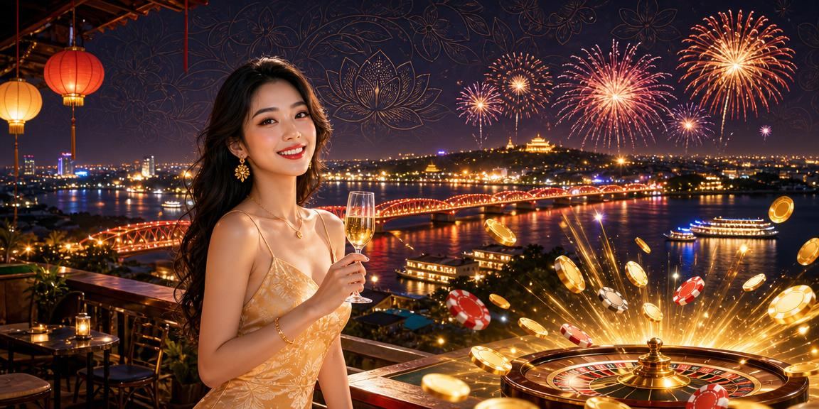 Không khí chơi slot game tại hội chợ đêm Huế với nhiều ánh đèn neon